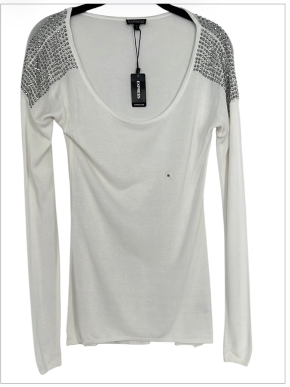 Express NWT White Rhinestone Studded Shoulder Sweater Top M